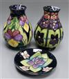 A Moorcroft 'Heartsease' pattern vase, 1994, H 14cm a 'Large Violets' pattern vase and a similar pin dish                              