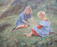 Thorvald Hagbart Torgersen (1862-1943) Girls playing upon a grassy bank 19.5 x 23.75in.                                                