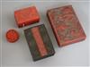 Three Chinese cinnabar lacquer boxes and another lacquer box Largest 19 x 13cm                                                         