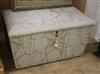 An antique ottoman in distressed damask upholstery W.90cm                                                                              