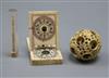 A Chinese ivory zodiac compass, a puzzle ball and a 19th century carved matchstick                                                     