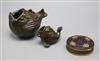 Two Spelter fish and a gilt metal compact tallest 9.5cm                                                                                