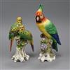 A Sitzendorf parrot and a Crown Naples group of budgerigars tallest 25cm                                                               