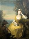 Early 19th Century French School Portrait of a lady, standing in a landscape, a piper and pug dog in attendance, 34.5 x 26.5in.        