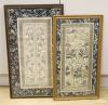 Two framed Chinese late Qing embroidered silk panels 71 x 39cm & 62 x 32cm                                                                                                                                                  