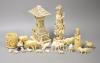 A Japanese Ivory model of a bijin, a similar model of a temple, various European Ivory models of animals and birds, an Indian Ivory figure et cetera, or late 19th or early 20th century                                    