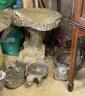 A reconstituted stone garden bird bath, width 44cm, height 43cm together with four small reconstituted stone garden ornaments                                                                                               