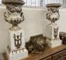 A pair of composition faux marble campana garden urns on stands, width 30cm, height 93cm                                                                                                                                    