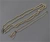 A double strand cultured pearl necklace and another baroque cultured pearl necklace, largest 52cm.                                     