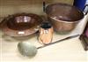 Three pieces of copper to include a jardiniere and a handled dish, with a brass chestnut roaster                                       