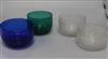 Two Stourbridge cut glass finger bowls and two others in green and blue glass                                                          