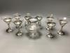 A set of eight Birks sterling mounted glass coupes, height 10.7 cm and a silver mounted two handle glass vase, height 11.9 cm.                                                                                              