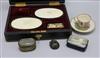 A 19th Century Staghorn cameo snuff box, 3 other boxes and cased Ivory brushes                                                         