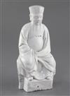 A Chinese Dehua blanc de chine seated figure of a sage, 17th century, height 20.5cm, typical firing imperfections                      