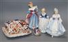 Three Royal Doulton porcelain figurines, a Crown Derby bird paperweight and a Victorian butter dish                                    