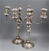 A pair of two branch three light plated candelabra height 45cm                                                                         