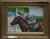 Claire Eva Burton, oil on canvas, jockey and racehorse, The Derby 1985, signed and dated 1986, 24 x 34cm                               