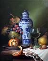 § Raymond Campbell (b.1956) Still life with fruit beside a delft vase 19.25 x 15.25in.                                                 