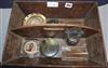 A Victorian oak cutlery tray, a horseshoe desk timepiece, two papier mache snuff boxes etc tray 39 x 29 x 9cm                          