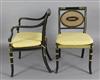 A set of eight Regency style parcel gilt ebonised dining chairs, including two carvers, carvers W.1ft 9in. H.2ft 9in.                  