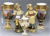 Three Paris porcelain vases and a pair of figures Tallest piece 30cm.                                                                  