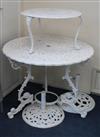 A white painted cast iron garden table and two umbrella bases table w.93cm                                                             