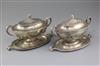 A pair of George III silver oval two handled sauce tureens, covers and stands by Tudor & Leader, 44.5 oz.                              