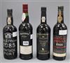 Three bottles of port including 1985 Real Velha 1985, Quinta do Noval 1966 and Fortnum and mason's 1992 and a bottle of Blandy's Harves