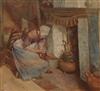 William Henry Charles Groome, watercolour, a young woman seated at the fireside, signed and inscribed EE Adam, 36 x 39cm               
