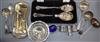 A group of silver including condiments, George III sauce ladle and plated flatware                                                     