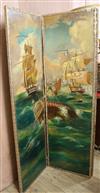 A leather three fold draught screen, painted with galleons W.153cm                                                                     