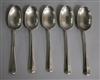 A matched set of five early 20th century silver Hanovarian rat-tail pattern dessert spoons, 7.5 oz.                                    