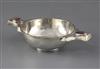 A George V silver quaich with Blue John cabochon set lug handles, by Barker Bros, 18.5cm.                                              