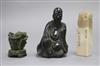 A modern soapstone seal, an 18th century Chinese bronze figure from a censer and a Chinese bronze of a napa cabbage and cricket tallest
