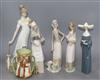 Five Lladro porcelain figures and a Doulton series ware two handled cup                                                                