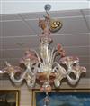 A Bohemian pink and clear glass six branch ceiling chandelier                                                                          