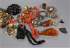 Mixed jewellery including micro mosaic, amber and shakudo style.                                                                       