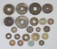 China, a group of 6 bronze coin charms or amulets, 19th century and various Thai (Siamese) porcelain gaming counters,                  