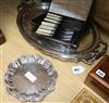 Two oval silver plated tea trays, a plated waiter, set of silver handled flatware                                                      