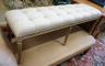 A reproduction George III style bleached window seat with buttoned natural fabric upholstery, length 140cm, depth 40cm, height 46cm                                                                                         
