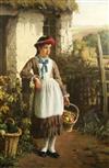 Johan Seyler (19thC.) Girl holding a basket of fruit standing beside a cottage door 43 x 30.5in.                                       