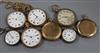 Two lady's silver fob watches and six gold plated pocket watches.                                                                      