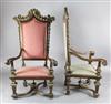 A pair of 17th century style Flemish style parcel gilt walnut and beech high back chairs, W.2ft 8in. H.4ft 10in.                       