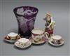 Four Dresden miniature cups and saucers, a wheel engraved vase and a porcelain figure of a lady                                        