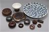 A Chinese underglaze blue and copper red dish, a bowl and various wood stands                                                          