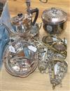 A collection of plated items, including an ice bucket, a pair of lustre table lamps and a pair of stirrups                             