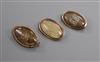 A George III yellow metal and plaited hair mourning brooch with inscription and two other similar mourning brooches,                   