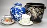 A 19th century enamel pottery jardiniere, Chinese jar and cover, a Copelands hand painted tea set, 2 blue and white meat platters, a Imari style cup and saucer etc. Jardiniere 19 cms, high.                               