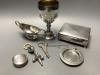 Two silver baby's rattles (a.f.), a Dutch white metal pill box, a silver two handled salt and four plated items.                                                                                                            