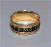 A late Victorian 18ct gold and enamel 'In Loving Memory Of' family mourning ring, with inscription, size O.                            